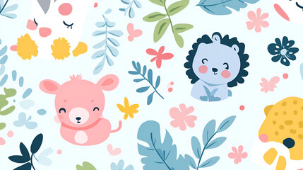 Fototapeta premium fondo de diseño infantil decorativo dibujos animados de animales tiernos y plantas para decoracion papel tapiz para decorar