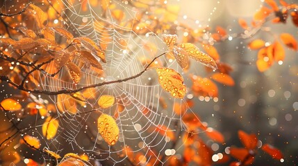 Spider web on autumn branches decorated with dew drops