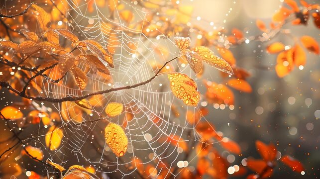 Spider web on autumn branches decorated with dew drops