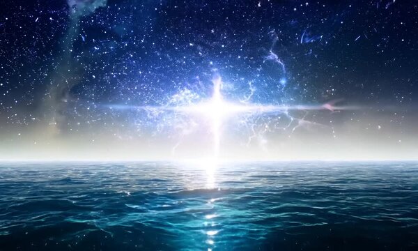 Cosmic Cross: A celestial cross shines brightly in the vastness of space, radiating a powerful light over a tranquil ocean, evoking a sense of hope, faith, and divine presence. 