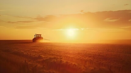 Tractor spraying soybean field at sunset