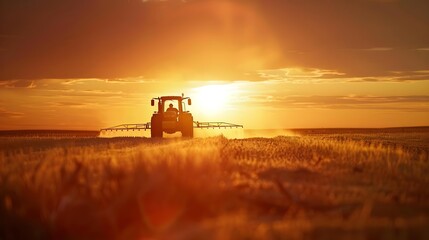 Fototapeta premium Tractor spraying soybean field at sunset