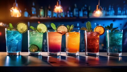 Delectable colorful drinks in glasses with lime and lemon slices. They display vibrant colors