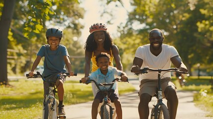 Young parents with children ride bikes in park