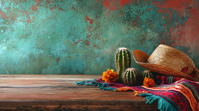 fondo mexicano con decoraciones estilo mexicanas como cactus nopales sombrero sarape fondo colorido sobre una mesa de madera con una pared vieja vintage