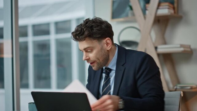 Boss complaining video call by laptop feeling nervous closeup. Dissatisfied man