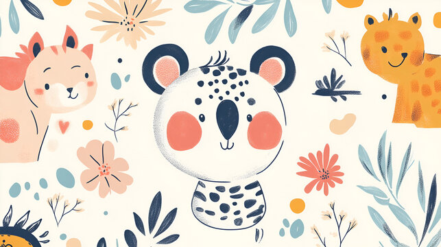 fondo de cuadro decorativo infantil o dise&ntilde;o para invitacion de ni&ntilde;os infantil cuadro pintado a mano de animales y flores infantiles y tiernos