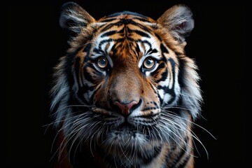 Fototapeta premium Tiger Face on Black Background – High Contrast, Symmetrical Composition, Detailed Fur Texture, Portrait Photography with Wide-Angle Lens and Softbox Lighting