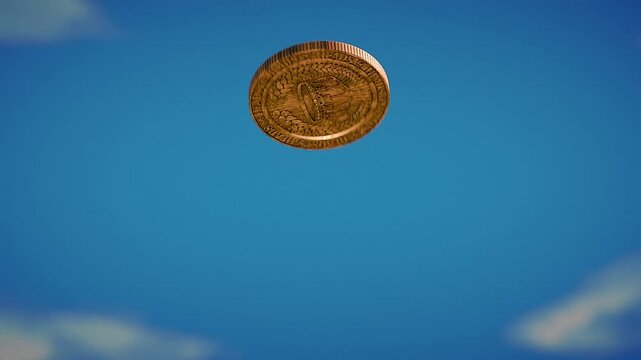 Close up detailed slow motion animation of a coin money flip tossing with nice encraved 3d design. Dropping to soccer or football stadium grass as heads / crown. Tails visible. Luck decision. 