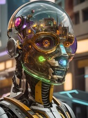 Fototapeta premium 사이보그 robot 인간형 로봇 차가운 무표정 colorful 미래 future city 미래형 로보트 sunglasses 안경 느낌 도심 한복판 금속 칩 metal 사람얼굴 신소재 반도체 chips 캐릭터 영화 게임 SF blur 배경 도시 건물 building background cyber 