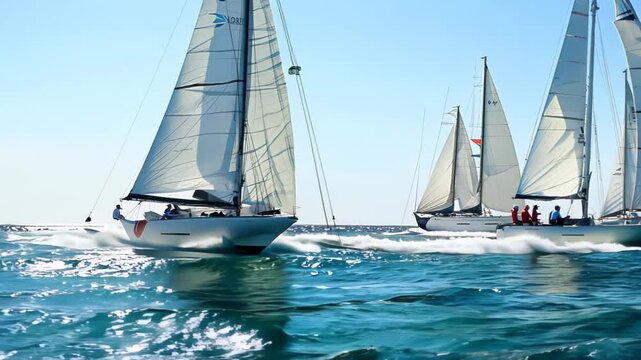 Wide shot: Sailboats race across sparkling blue waters. Pans left to right, capturing multiple vessels with billowing white sails. Sun glints off waves, creating a dazzling seascape. 