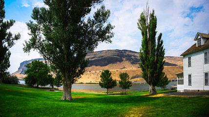 The Landmark Landscape at Swan Falls Dam, built in 1901, in the Snake River Birds of Prey National Conservation Area in Murphy, Ada and Owyhee counties, Idaho