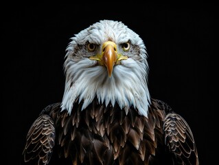 Fototapeta premium Close-up of a bald eagle's face on a dark background, ideal for use in wildlife or nature-themed designs