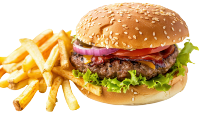 Burger and fries on transparent background