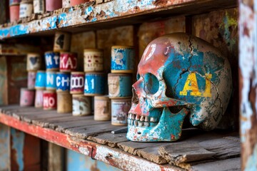 Painted skull with AI graffiti representing the blend of human creativity and artificial intelligence street art and modern technology in a vibrant urban setting.