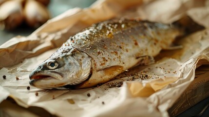 fresh smoked fish on paper , ai