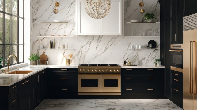 Chic culinary space showcasing black and white cabinets, golden hardware, and marble surfaces