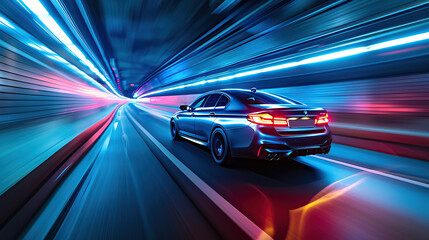 Obraz premium A modern car driving through an underground tunnel with blue and red lights