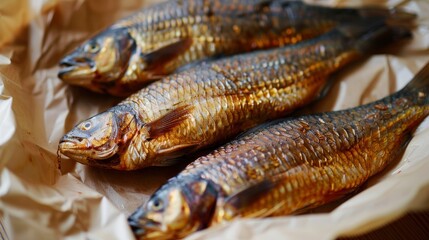 fresh smoked fish on paper , ai