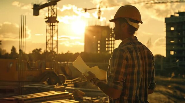 A male builder in front of a house under construction and a construction crane in an orange helmet in the sunset light with documents and a house construction project in his hands