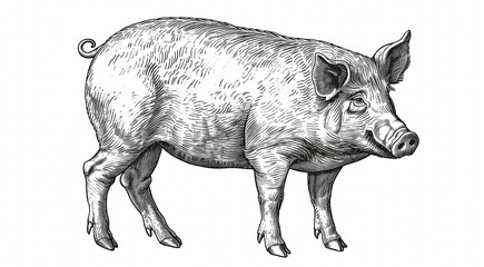 Pig, hog, boar. Vintage retro print, black white pig sketch ink pencil style drawing, linear drawing, engrave old school. Sketch artwork silhouette pig, hog, boar. Side view profile. Illustration