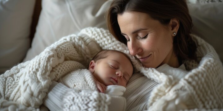 A mother holds her baby snugly wrapped in a blanket, conveying warmth and protection