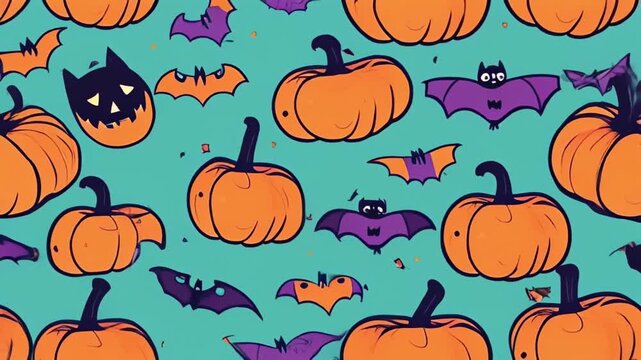 pattern of pumpkins and bats on green background, halloween celebration concept