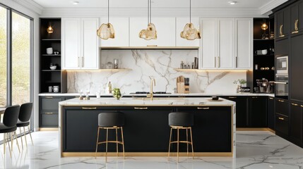 Modern cooking interior showcasing contrasting storage units, gold accents, and elegant marble detailing