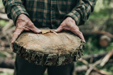Elderly Man Holding Wooden Tree Stump in Lush Forest During Daytime