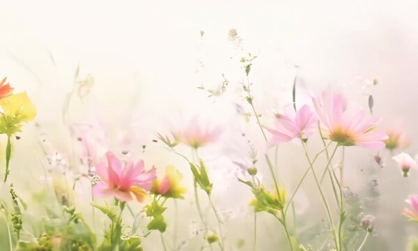 Delicate pink cosmos dance in a summer breeze, painting a vibrant floral tapestry across the emerald meadow