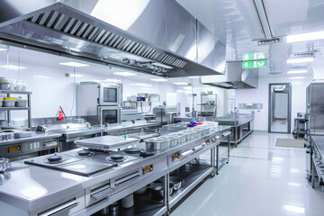 Fototapeta premium empty commercial kitchen of a restaurant with stainless steel appliances and food processing station, interior of a professional chefs kitchen and five star hotel and michelin star restaurants kitchen