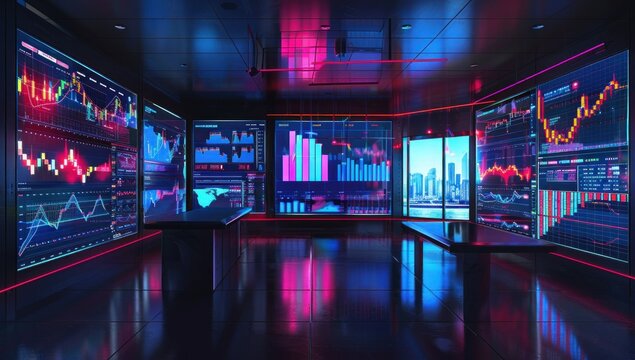 Futuristic Stock Trading Room with Neon Lights
