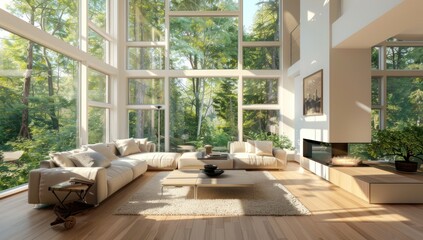 Fototapeta premium Modern Living Room with Large Windows and a View of Nature
