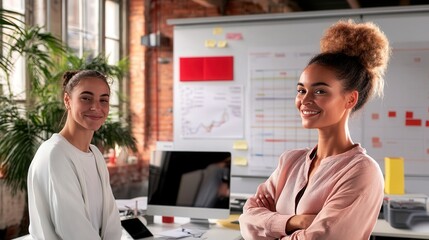 team of female executives, employees, in the background working materials fianancial charts, tables, computers, whiteboards, 