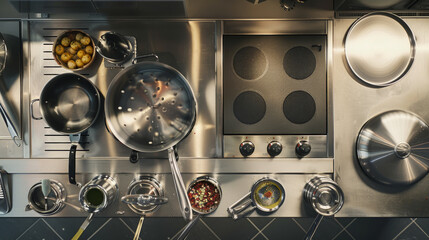 professional kitchen interior in a restaurant with stainless steel appliances and food processing station, Hot and Cold foods, Pastry and Preparation Station, Sauce and baking  preparation unit 