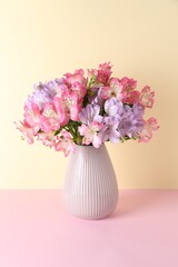 Beautiful alstroemeria flowers in vase on color background