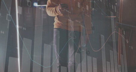 Image of financial data processing over biracial man with smartphone on the go