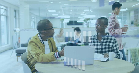 Image of financial data processing over diverse business people in office