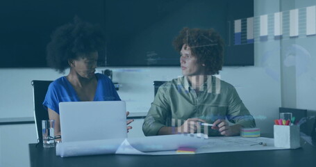 Image of financial data processing over diverse business people in office