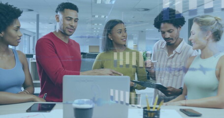 Image of financial data processing over diverse business people in office