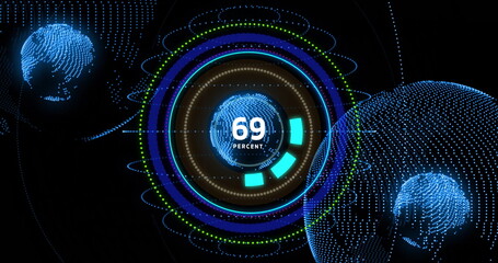 Image of percent growing and digital data processing over connections and globe