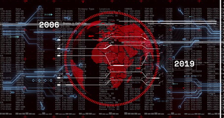 Image of digital data processing and circuit board over globe