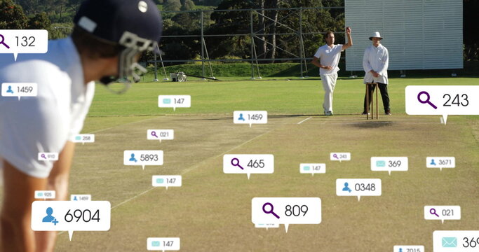 Image of social media icons with growing numbers over diverse male cricket players