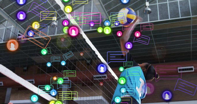 Image of social media icons with speech bubbles over diverse female volleyball players