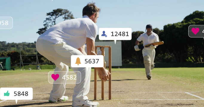Image of social media icons with growing numbers over diverse male cricket players
