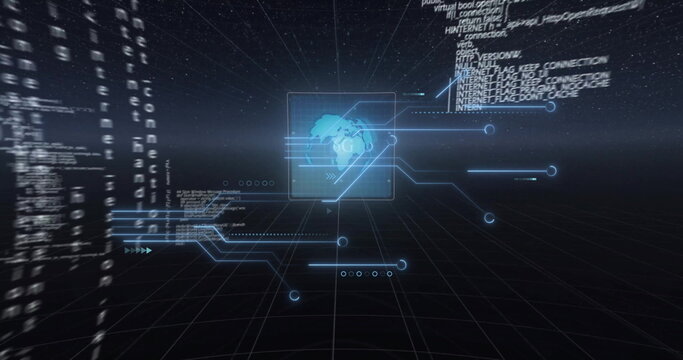 Image of 6g text, digital data processing over circuit board on black background