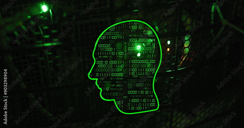 Poster binary code and digital data processing image over human head silhouette in green