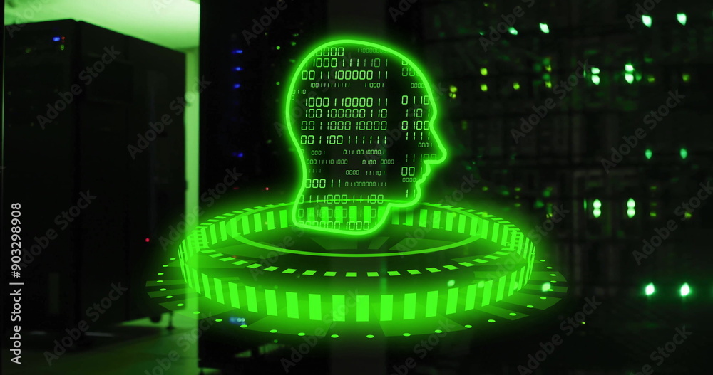 Sticker Binary code forming human head over digital data processing in green image