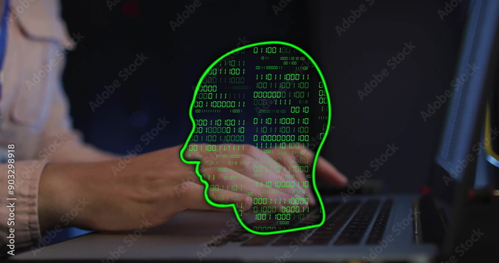 Poster typing on laptop, hands over binary code and human head image