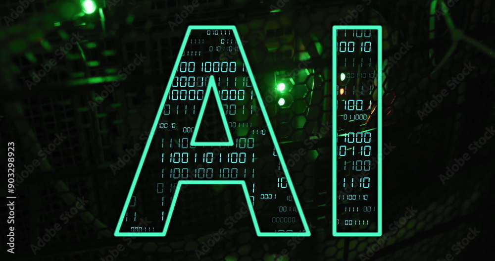 Poster AI text with binary code image over dark technological background
